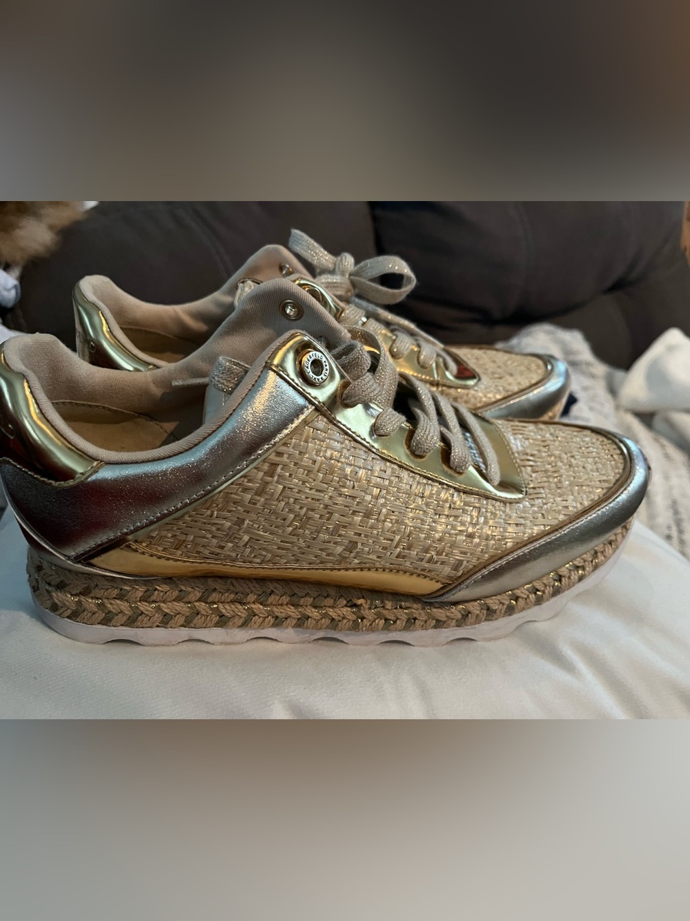Karl Lagerfeld Gold Metallic Raffia-Style Lace-Up Sneakers